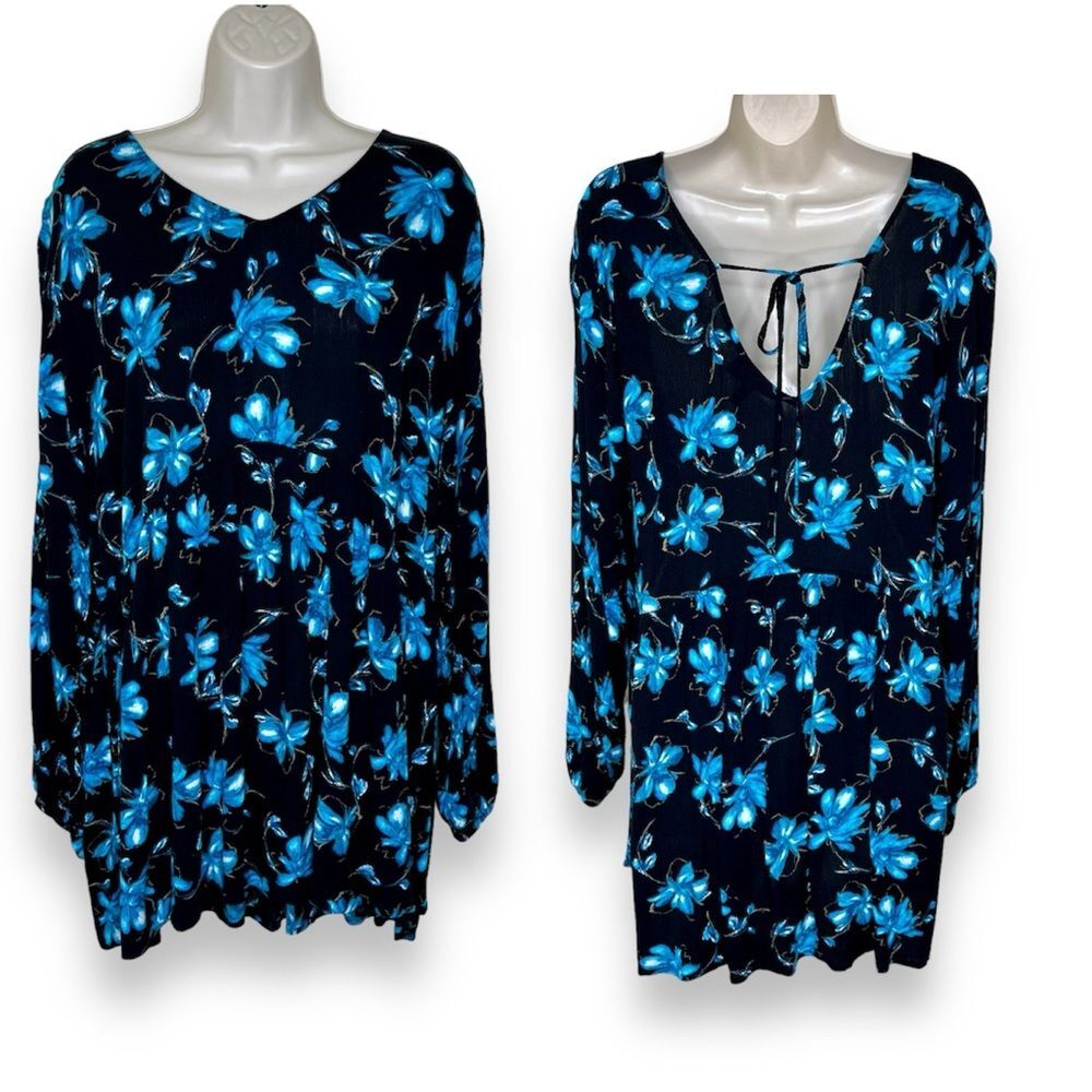 Lane Bryant Floral Gauze Tie Back Tunic Babydoll V Neck Empire Waist Women 14 16